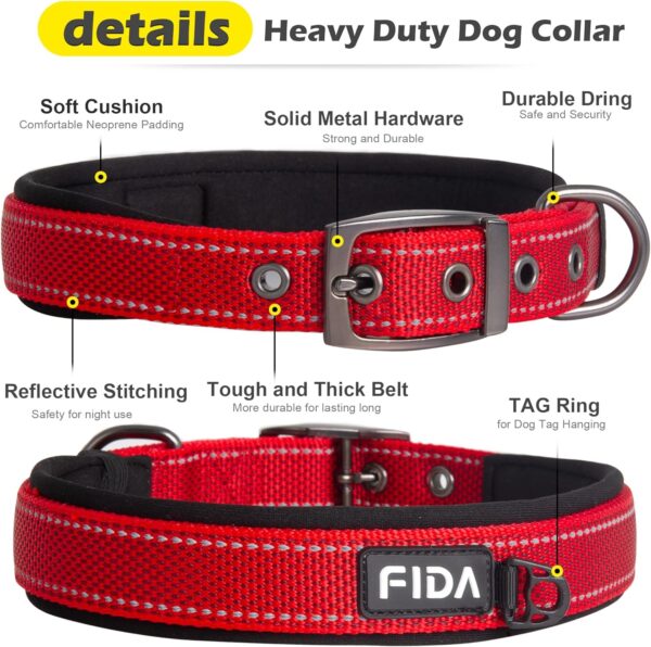 Fida Heavy Duty Dog Collar, Ultra Comfortable Soft Neoprene Padded, Adjustable Reflective Nylon Pet Collar with Durable Metal Belt Buckle for Medium Breeds (M, Red) - Image 3