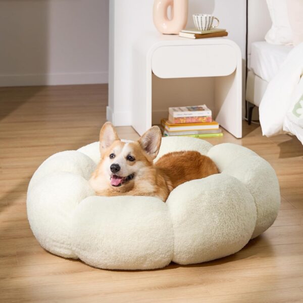 Lesure Calming Large Dog Bed - Flower Donut Round Fluffy Puppy Bed in Plush Teddy Sherpa, Non-Slip Cute Flower Dog Beds, Large Pet Bed Fits up to 100 lbs, Machine Washable, Cream 36" - Image 5