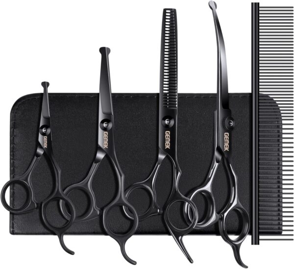 Dog Grooming Scissors Kit with Safety Round Tips, GEMEK Professional 6 in 1 Grooming Scissors for Dogs, Heavy Duty Titanium Coated Pet Grooming Scissor for Dogs, Cats and Other Animals (Black)