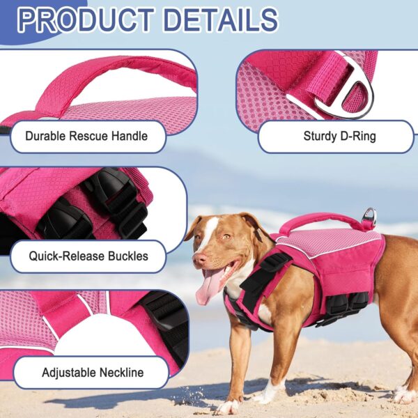 KOESON Dog Life Jacket Small, High Flotation Dog Life Vest for Swimming Boating, Reflective Adjustable Dog Floating Vest with Rescue Handle for Small Medium Large Dogs Pink XS - Image 2