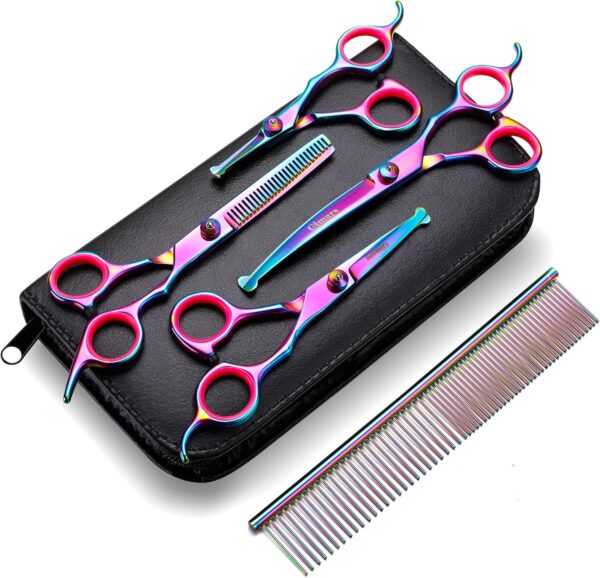 Gimars Professional 4CR Stainless Steel 6 in 1 Grooming Scissors for Dogs with Safety Round Tip, Heavy Duty Titanium Coated Pet Grooming Scissor for Dogs, Cats and Other Animals