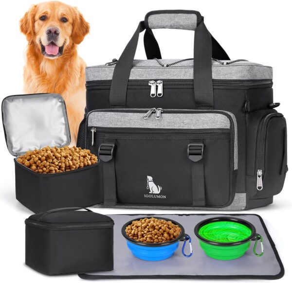 IGOLUMON Dog Travel Bag Large Pet Travel Bags Set for Supplies Weekend Dog Travel Kit Tote Organizer Multi-Pockets Dog Food Travel Bag with 2 Extra Large Food Containers, 2 Dog Bowls, 1 Feeding Mat