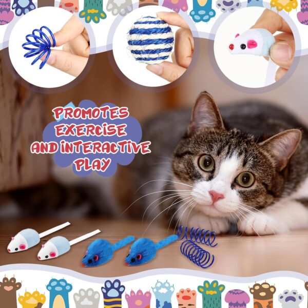 46 Pcs Cat Toys Set Interactive Cat Toys Include Fur Mice Rattle Cat Springs Crinkle Balls Pompom Bell Sisal Ball Puzzle Chase Toys Assorted for Gift Indoor Kitten(Blue) - Image 5