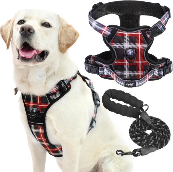 PUPTECK No Pull Dog Harness and Leash Set with Handle Reflective Adjustable Padded Vest Escape Proof for Small Medium Large Dogs Walking Training Hiking, Plaid Black L