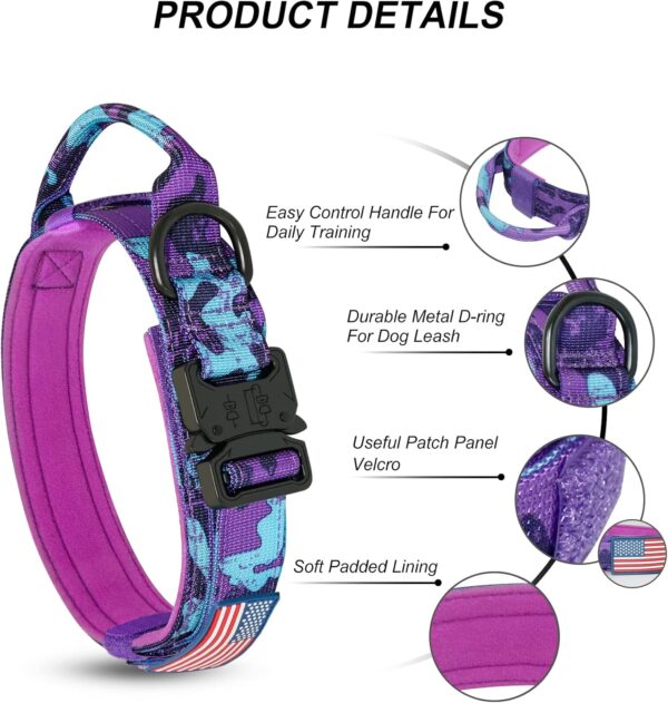 Hotsky Tactical Dog Collar, Adjustable Military Training Nylon Airtag Dog Collar with Handle and Heavy Duty Metal Buckle for Medium Large Dogs, with Airtag Holder and Two Patches（Purple Camo,L） - Image 3