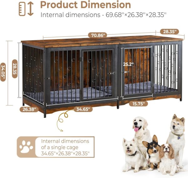 71'' Dog Crate Furniture for 2 Dogs, Wooden Double Dog Crate Large Breed with Cushion, XXL Indoor Dog Kennel TV Stand End Table with Divider for Large Medium Dogs, Brown - Image 2