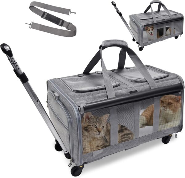 Double-Compartment Pet Rolling Carrier with Wheels for 2 Pets,for Up to 35 LBS,Cat Rolling Carrier for 2 Cats,Super Ventilated Design,Ideal for Traveling/Hiking/Camping