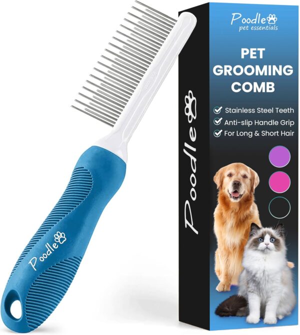 Poodle Pet Dog Combs for Grooming Matting - Metal Comb for Dogs with Long & Short Stainless Steel Teeth - Dematting Comb for Cats to Remove Matted Hair & Knots – Safe, Gentle Dogs & Cat Grooming Comb