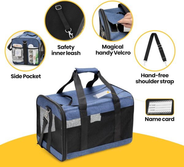 Dog Carrier Soft Sided, Large Cat Carrier with Inner Safety Leash, Pet Transport Carrier for Large Cats and Medium Dogs up to 20 Lbs, Collapsible Travel Puppy Carrier Bag -Blue L - Image 5