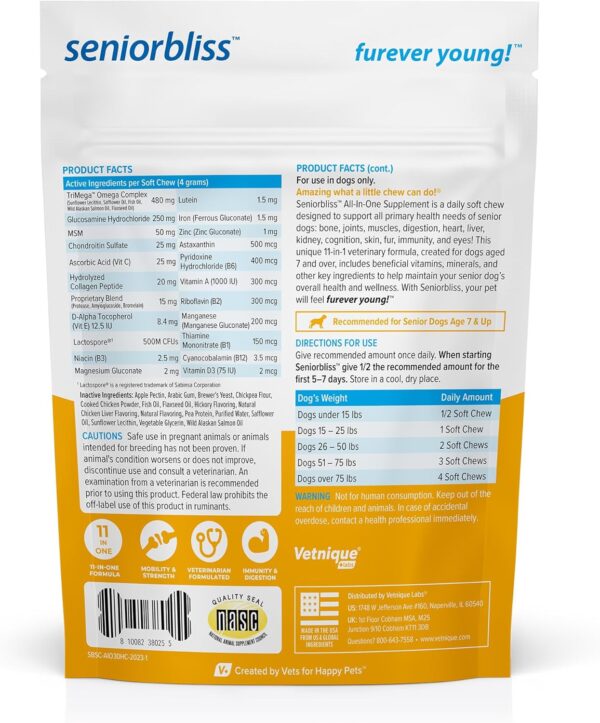 Vetnique Seniorbliss Senior Dog Multivitamin with Glucosamine, Omega 3 Fish Oil, and Probiotics - for Dog Joints, Digestive and Immune Support for Optimal Health (All-in-One Daily Vitamin, 30ct) - Image 2