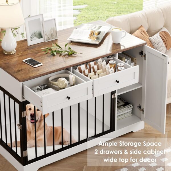 Dog Crate Furniture Kennel with Double Doors Wooden Pet House with 2 Drawers and Storage Cabinet, Indoor Dog Cage Farmhouse Modern Side End Table for Small Medium Dogs, White - Image 2