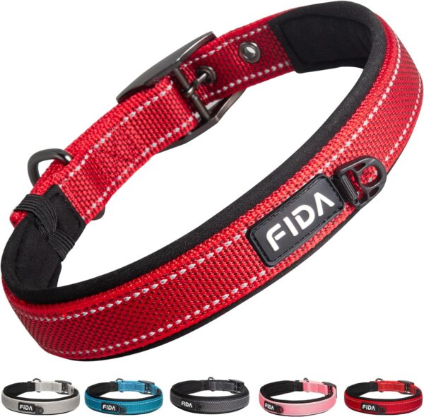 Fida Heavy Duty Dog Collar, Ultra Comfortable Soft Neoprene Padded, Adjustable Reflective Nylon Pet Collar with Durable Metal Belt Buckle for Medium Breeds (M, Red)