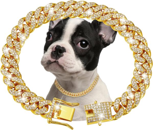 Gold Dog Chain Collar Diamond Cuban Link Dog Collar 13mm Wide Dog Necklace Metal Cat Chain Pet Crystal Collar Jewelry Accessories for Small Medium Large Dogs Cats(12inch)