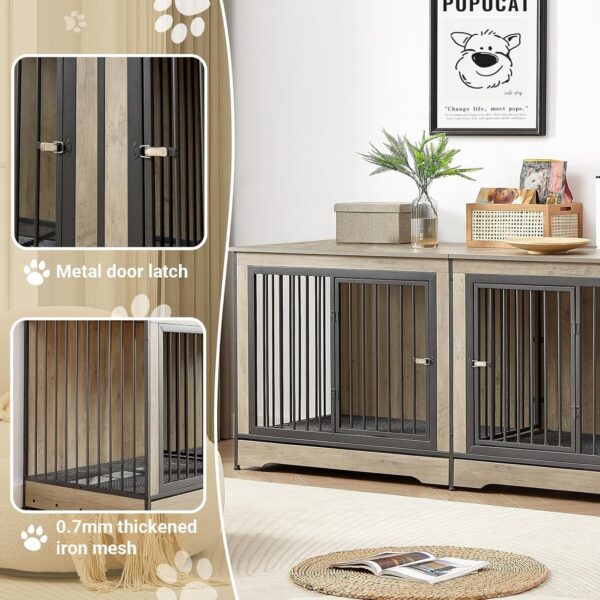 75'' Double Dog Crate Furniture for 2 Large Dogs, Heavy Duty Dog Crate, Furniture Style Dog Crate End Table, Wood Crates for Dogs Kennel Indoor, Decorative Dog Crate with Double Door, Grey - Image 2