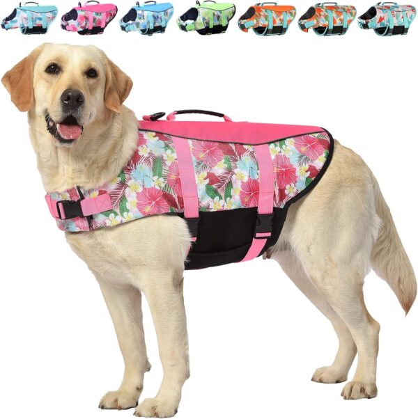 Hawaiian Sports Style Dog Life Jacket - Dog Life Vest with Rescue Handle for Swimming Boating and Adjustable Puppy Life Jacket - Ripstop Life Jackets for Small Medium Large Dogs