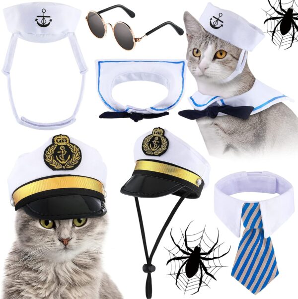 5 Pieces Halloween Cat Sailor Costume Set Dog Captain Hat Sailor Hat Cat Captain Navy Sailor Suit Small Pet Sunglasses Cravat Neck Tie for Cat Puppy Photo Props Costume Party Accessories