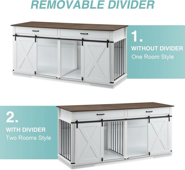 EDYO LIVING 72.5" Large Dog Crate Furniture for 2 Dogs, Wooden Dog Kennel with Drawers, Divider, Sliding Barn Door, Water Resistant Indoor Furniture Style Double Dog Crates, White - Image 5