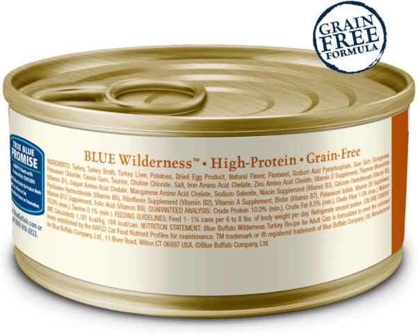 Blue Buffalo Wilderness Natural High-Protein Grain-Free Wet Food for Adult Cats, Turkey Paté, 5.5-oz. Cans, 24 Count - Image 2