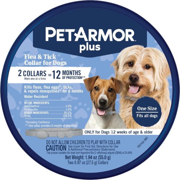 PetArmor Plus Flea & Tick Collar for Dogs, Kills Fleas & Ticks, Long Lasting Protection for 12 Months, Water Resistant, One Size Fits All, 2 Collars