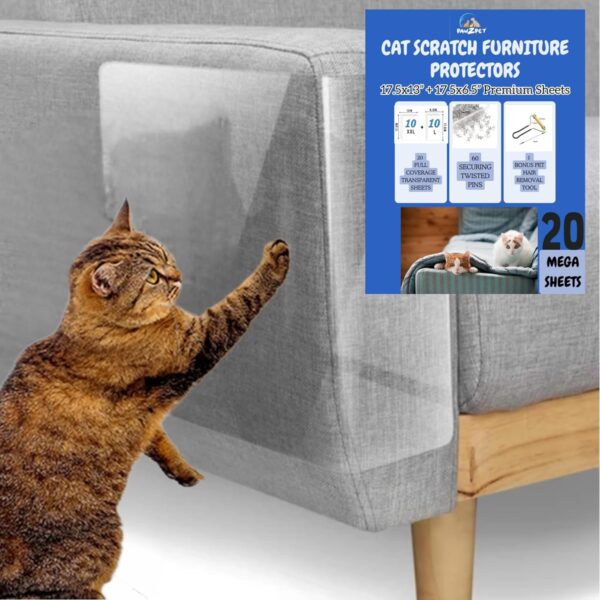 Heavy Duty Cat Scratch Deterrent for Furniture - 20 Pack Single-Sided Cat Couch Protector, Furniture Protectors from Cats Scratching, Self-Adhesive Cat Furniture Protector (20Pack + 60Pins)