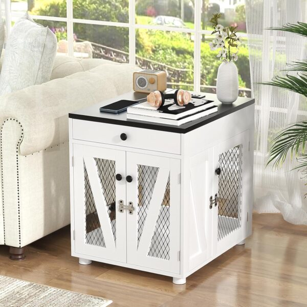 VOWNER Dog Crate Furniture, Wooden Dog Kennel End Table with USB Charging Station, Storage Drawer, Double Latched Door, Furniture-Style Crate Side Table for Small Dogs Under 25 lbs Indoor Use, White