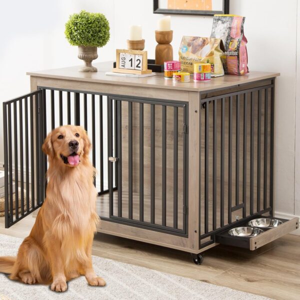 Large Dog Crate, Dog Crate Furniture for Large Dog Medium Dog, 44 Inch, Large Dog Kennel Indoor with 2 Removable Dog Bowls, Flip-Up Top Opening and Wheels, Heavy Duty Dog Crate, Grey