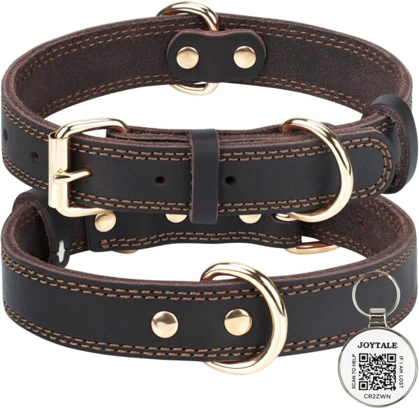 Joytale Leather Dog Collar for Large Dogs, Genuine Heavy Duty Wide Dog Collar with QR ID Tag, Soft Metal Buckle Collars, Brown, XL