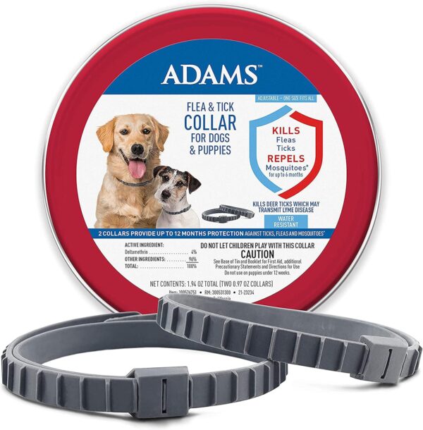 Adams Flea & Tick Collar for Dogs & Puppies | 2 Pack | 12 Month Protection | Adjustable One Size | Kills Fleas, Ticks & Repels Mosquitoes | Excluding California