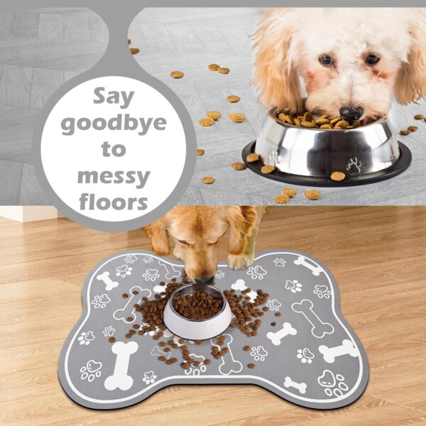 Dog Cat Food Mat,Rapid Absorbent Pet Feeding Mat, Bone Shaped Dog Placemat Water Bowl Mat with Rubber Backing,No Stains Dog Cat Food Mats Indoor, Pet Accessories Supplies 12"x18" Grey - Image 4