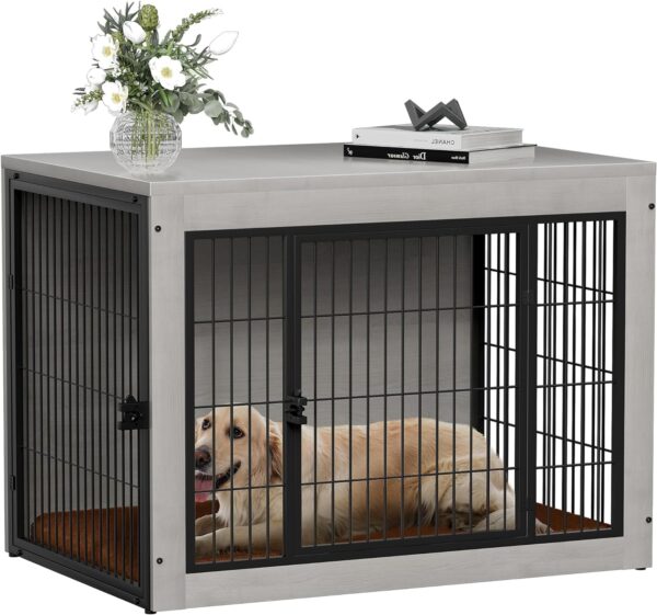 Dog Crate Furinture with Thick Cushion, Side End Table Wooden Dog Cage with Double Doors, Chew-Resistant Dog Kennel Dog House Indoor for Small to Large Dog, L (Grey)