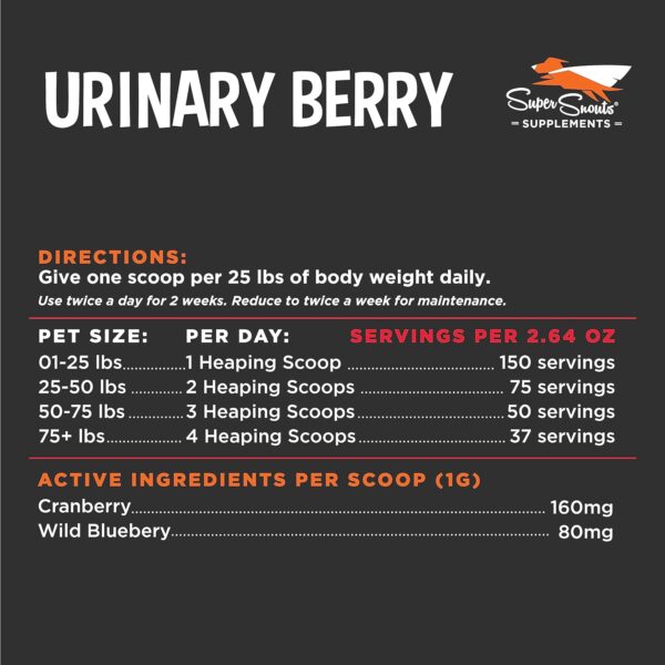 Super Snouts Urinary Berry Urinary Tract Supplements for Dogs & Cats, Made in USA, US & Canadian Blueberry & Cranberry Powder, UTI, Kidney Health Support, Bladder Support for Dogs (2.64 oz) - Image 6