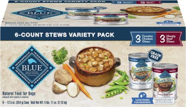 Blue Buffalo Blue's Stew Grain Free Natural Adult Wet Dog Food Variety Pack, 12.5 oz cans (6 Count- 3 of Each Flavor)