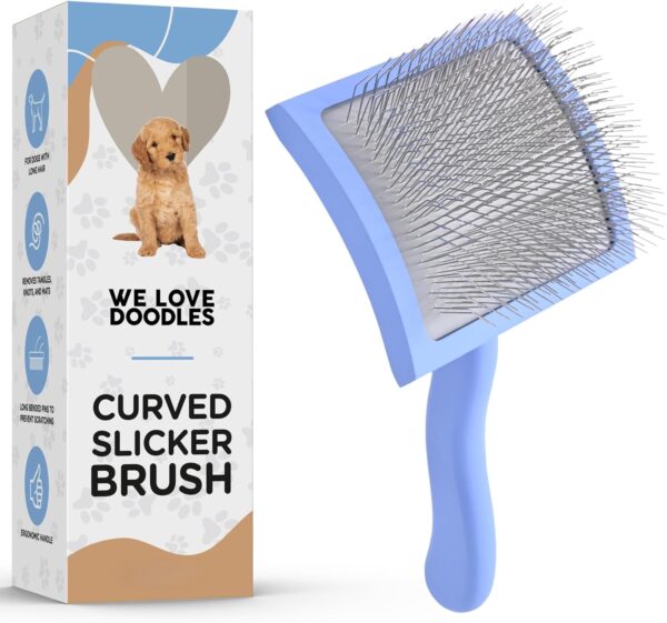 We Love Doodles Dog Slicker Brush for Grooming Pet Hair - Best Brushes For Poodle & Golden Doodle - Long Haired Brush For Dogs - Goldendoodle Long Pin Brush For Dematting (Large Curved Slicker Brush)