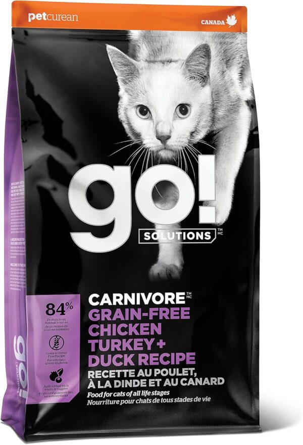 GO! SOLUTIONS Carnivore Grain Free Dry Cat Food, 8 lb - Chicken, Turkey + Duck Recipe - Protein Rich Dry Cat Food - Complete + Balanced Nutrition for All Life Stages