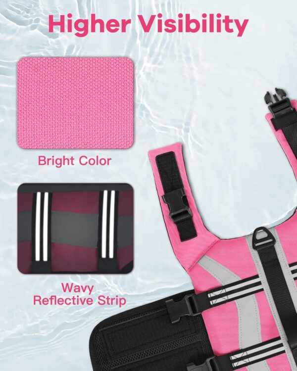 Dog Life Jacket with Reflective Stripes, Adjustable High Visibility Dog Life Vest for Boating, Ripstop Dog Swimming Vest with High Flotation for Small Medium and Large Dogs,Pink,M… - Image 5