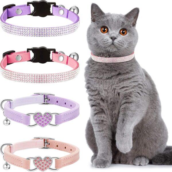 Weewooday 4 Pcs Rhinestone Cat Collar Heart Bling Breakaway Girl Cat Collar Soft Velvet Fancy Cat Collar with Heart Bling Cat Collar Adjustable Safety Kitten Collar with Bell for Kitty(Pink, Purple)