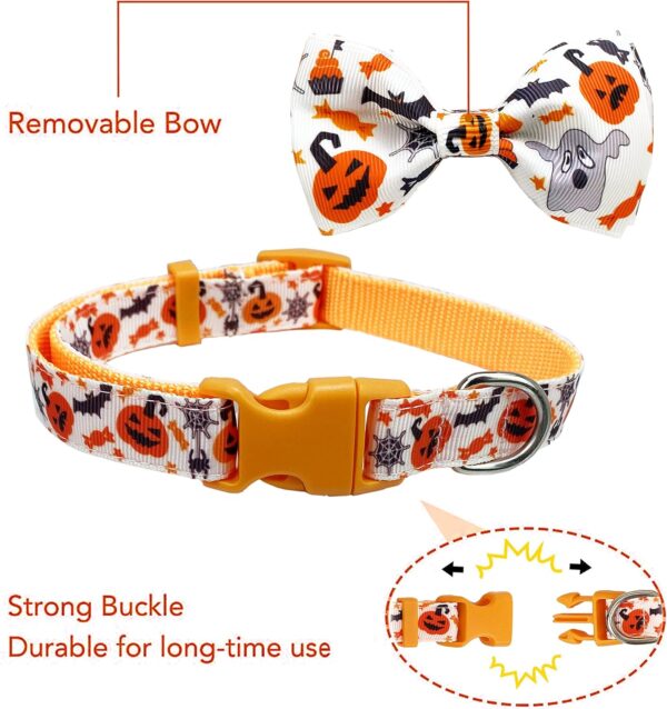 Halloween Dog Collar with Bow Tie, Holiday Pumpkin Jack-O-Lantern Collar for Small Medium Large Dogs Pets Puppies - Image 2