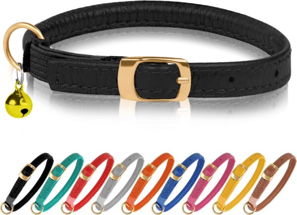 Murom Rolled Leather Cat Collar with Elastic Strap Safety Adjustable Pet Collars for Cats Kitten Yellow Red Pink Blue Orange Brown Gray (Black)