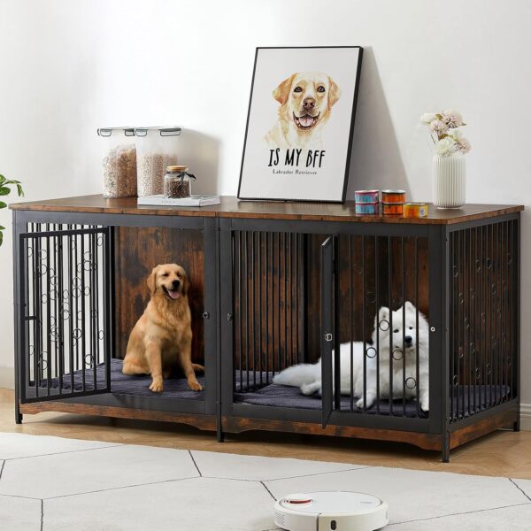 71'' Dog Crate Furniture for 2 Dogs, Wooden Double Dog Crate Large Breed with Cushion, XXL Indoor Dog Kennel TV Stand End Table with Divider for Large Medium Dogs, Brown