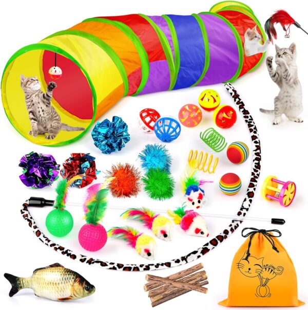 32 PCS Cat Toys Kitten Toys, Variety Catnip Toys with Rainbow Tunnel Interactive Cat Feather Teaser Fluffy Mouse Crinkle Balls Spring Toy Set for Cat, Kitty