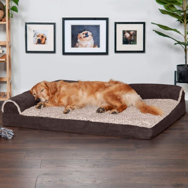 Furhaven Orthopedic Dog Bed for Large Dogs w/ Removable Bolsters & Washable Cover, For Dogs Up to 95 lbs - Two-Tone Plush Faux Fur & Suede L Shaped Chaise - Espresso, Jumbo/XL - Image 3