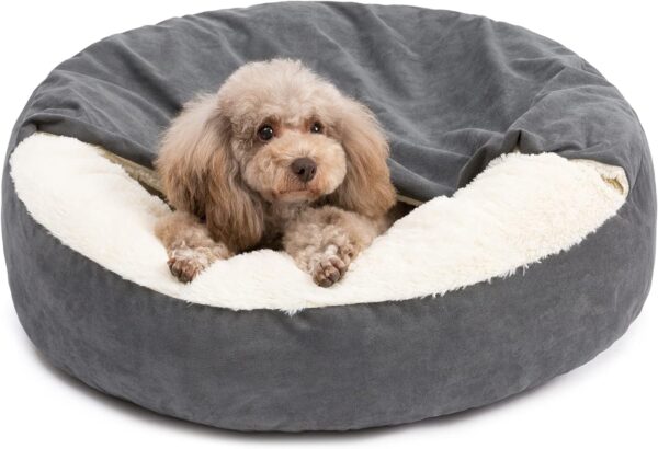 PELZIN Small Dog Bed for Extra Small Dogs Up to 20lbs - Washable Burrow Puppy Beds with Blanket Attached - Covered Dog Cave Bed with Anti-Slip Bottom - Charcoal Gray, 24"