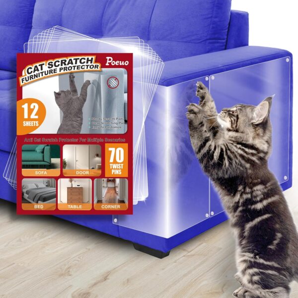 Cat Scratch Furniture Protector, 12 Pack Cat Couch Protector, Couch Protector for Cats, Furniture Protectors from Cats, Clear Couch Cat Scratch Protector with 70 Twist Pins