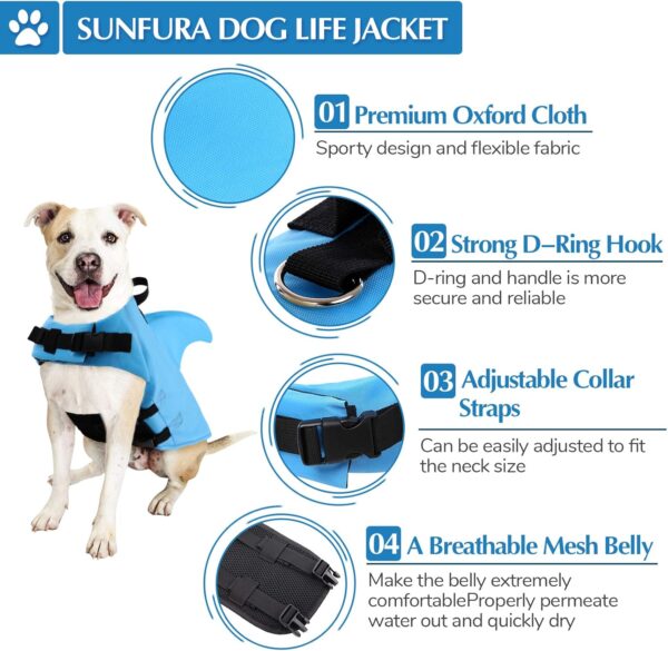 SUNFURA Dog Shark Life Jacket, Adjustable Dog Life Vests for Swimming, Ripstop Dog Lifesaver Puppy Life Jackets with High Flotation, Pet Life Preserver Swimsuits for Small Medium Dogs, Blue S - Image 3