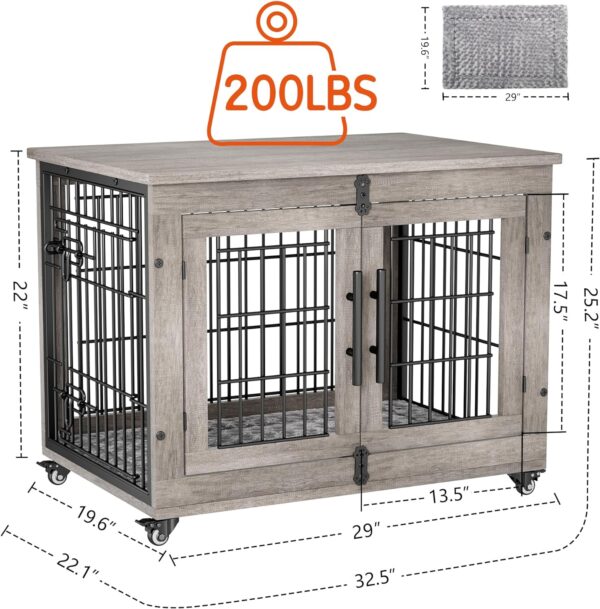 Lulive Dog Crate Furniture, Dog Kennel Indoor Double Doors Wooden Dog Cage, 33'' Heavy Duty Dog Crate with Cushion & Wheels, Decorative End Table Pet House Chew-Resistant for Medium/Small Dog, Grey - Image 4