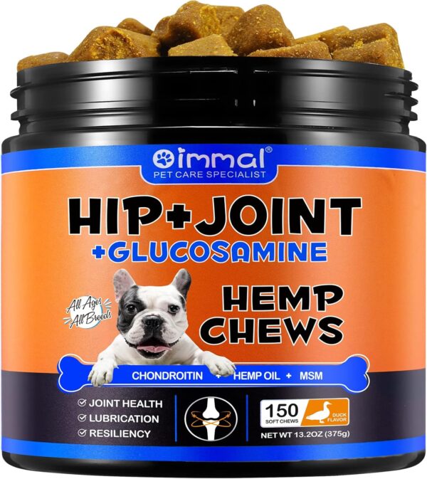 Hemp Hip and Joint Supplement for Dogs, 150 Dog Joint Pain Relief Treats, Glucosamine for Dogs, Hip & Joint Supplement w/MSM + Chondroitin + Omega 3, Mobility & Flexibility Support