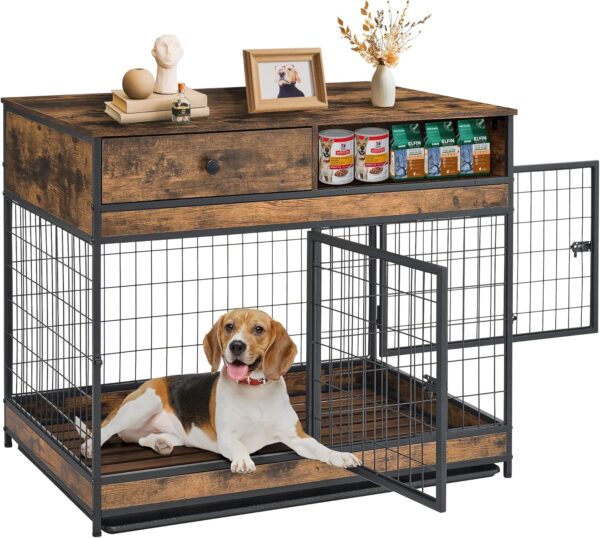 Dog Crate Furniture, 31.5 Inch Dog Kennel with Storage Drawer, Double Doors Heavy Duty Dog Cage with Removable Tray, Indoor Wooden Pet Crate for Small Medium Dogs, Rustic Brown