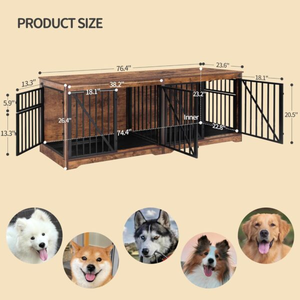 76.4" Dog Crate Furniture with Divider for 2 Dogs, Large Dog Kennel Indoor with Adjustable Door, Tray, Wood Dog Crate End Side Table for Small Medium Large Dog, Anti-Chew Anti-Escape, Brown - Image 8