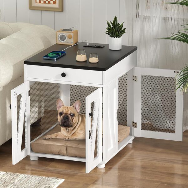 VOWNER Dog Crate Furniture, Wooden Dog Kennel End Table with USB Charging Station, Storage Drawer, Double Latched Door, Furniture-Style Crate Side Table for Small Dogs Under 25 lbs Indoor Use, White - Image 5