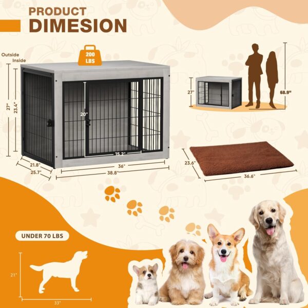 Dog Crate Furinture with Thick Cushion, Side End Table Wooden Dog Cage with Double Doors, Chew-Resistant Dog Kennel Dog House Indoor for Small to Large Dog, L (Grey) - Image 7